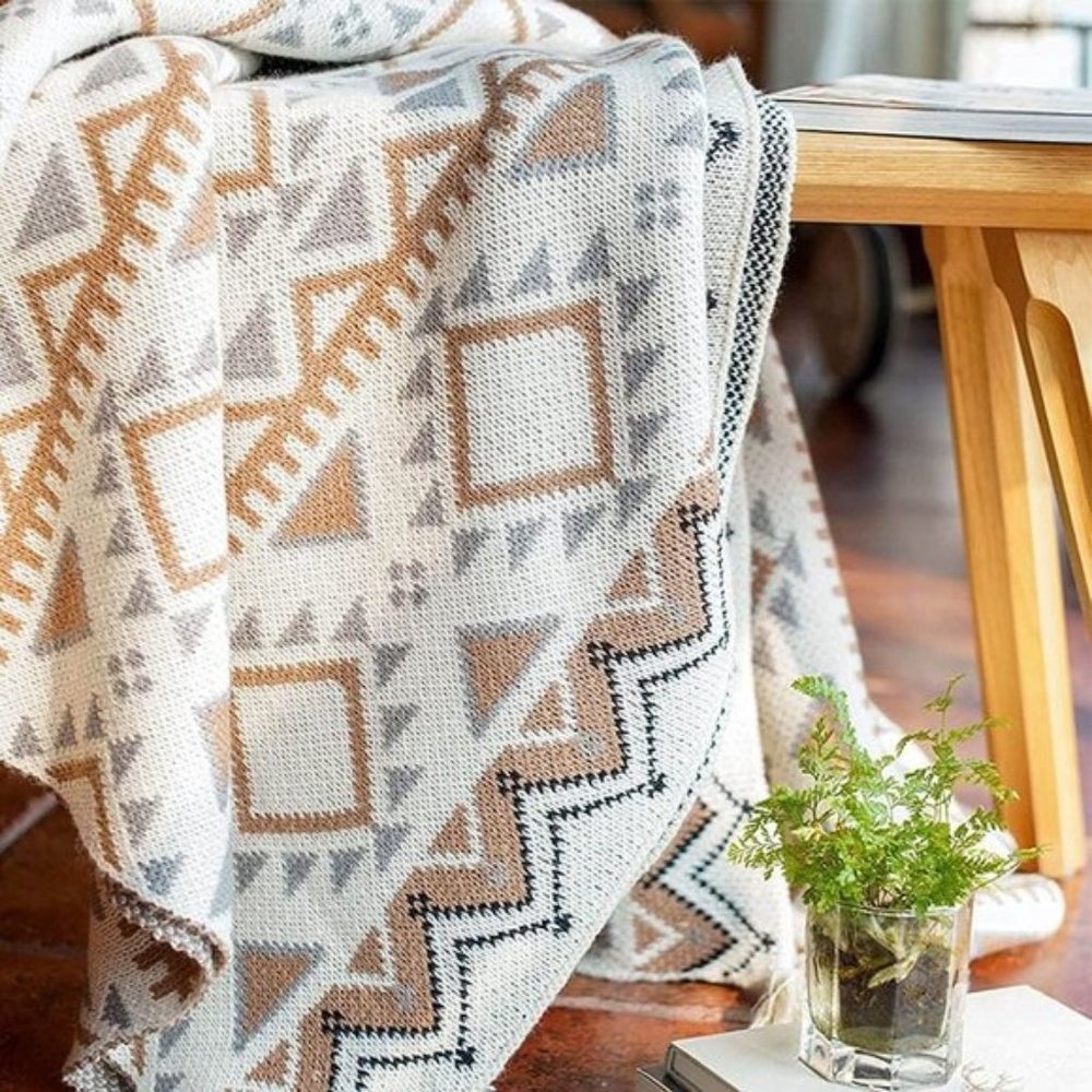 Boho Aztec Geometric Farmhouse Knitted Tassel Brown Soft Vintage Throw Blanket - Picture 2 of 7